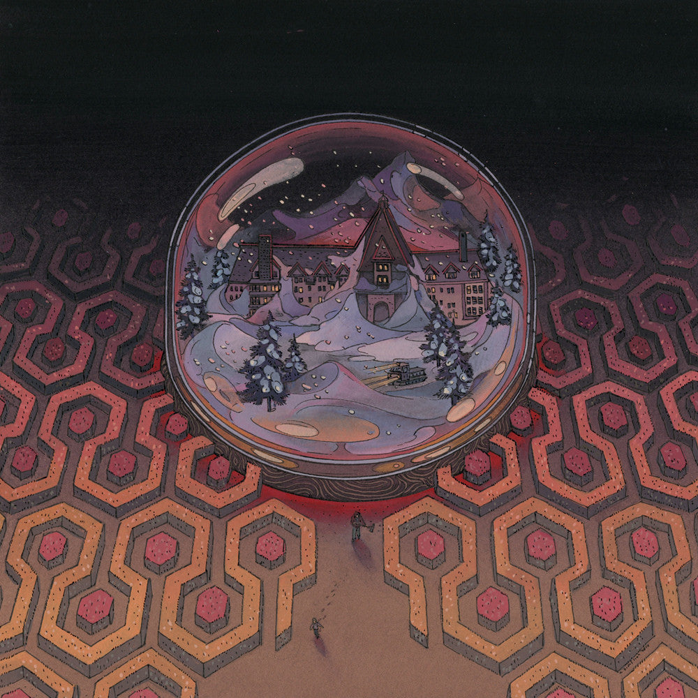 This limited edition Nicole Gustafsson snow globe features a cozy snow-covered village with a central cabin, snowy trees, and starry sky. It casts shadows on a geometric-patterned base with red and brown hexagonal designs.