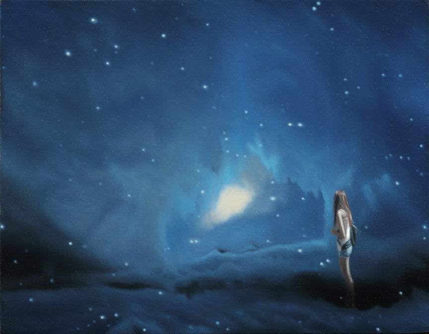 In Seamus Conleys oil on canvas masterpiece, a girl stands in a mountainous landscape beneath a swirling, starry blue night sky. Her upward gaze, bathed in an ethereal glow, evokes wonder and exploration. Visit Andrea Schwartz Gallery to see it firsthand.