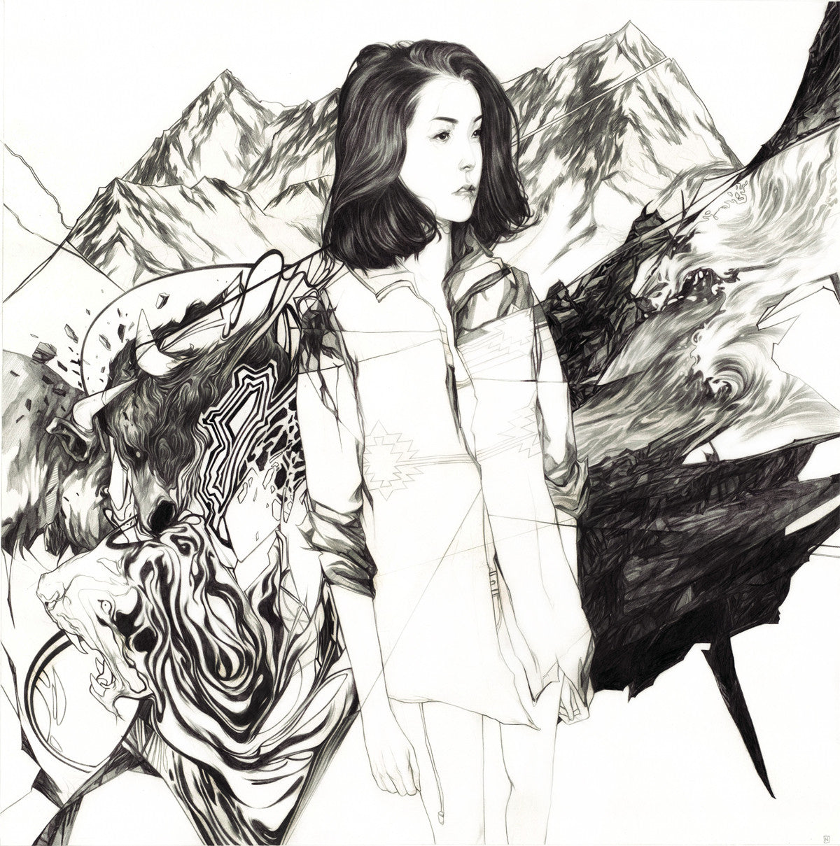 A graphite piece by Nimit Malavia depicts a woman with mountains behind her, surrounded by abstract waves and a lion. Combining nature and fantasy on Stonehenge paper, it evokes pressure within its monochromatic palette.