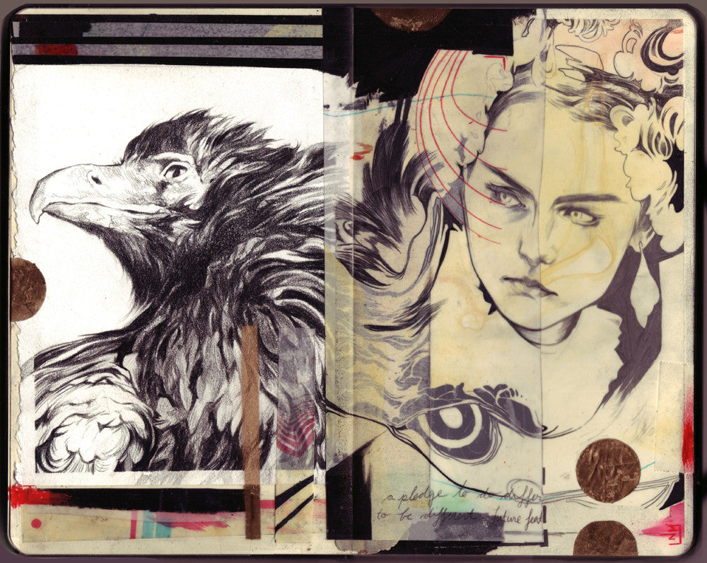 A sketchbook spread showcases a detailed graphite eagle on the left, echoing Nimit Malavias style, and an illustrated portrait of a woman with flowers in her hair on the right, surrounded by abstract patterns for a harmonious collage.