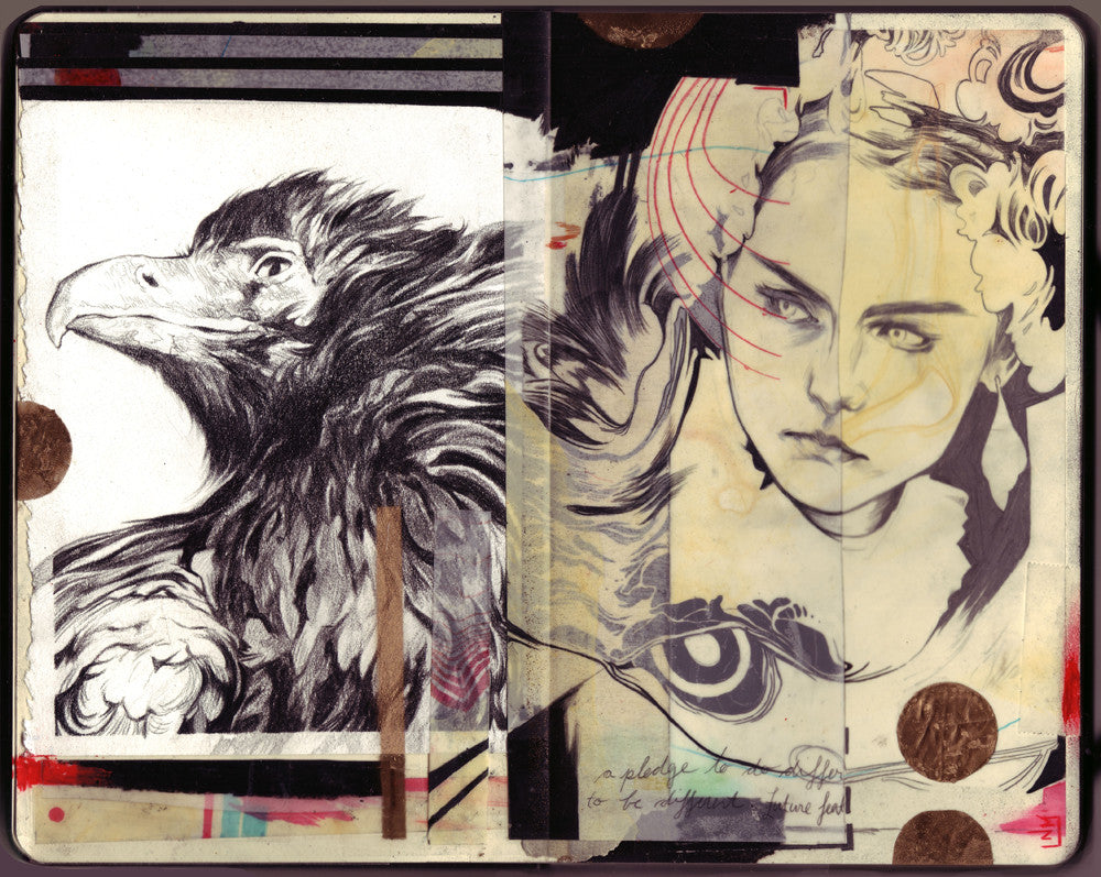 A sketchbook spread showcases a detailed graphite eagle on the left, echoing Nimit Malavias style, and an illustrated portrait of a woman with flowers in her hair on the right, surrounded by abstract patterns for a harmonious collage.