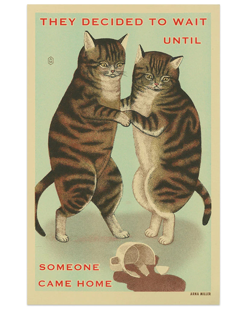 two striped cats holding paws looking down at spilled coffee with text "They decided to wait until someone came home"