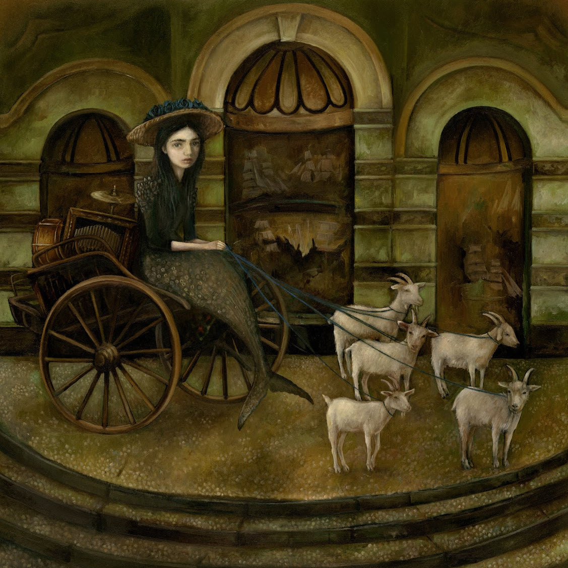A woman in a wide-brimmed hat rides a vintage carriage pulled by six goats, echoing Merewifs Voyage by Nom Kinnear King, against an arched building with dark wooden doors, creating an oil painting-like surreal scene.