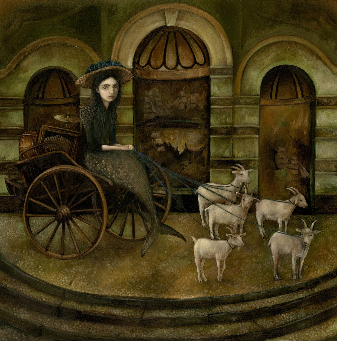 A woman in a wide-brimmed hat rides a vintage carriage pulled by six goats, echoing Merewifs Voyage by Nom Kinnear King, against an arched building with dark wooden doors, creating an oil painting-like surreal scene.