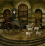 A woman in a wide-brimmed hat rides a vintage carriage pulled by six goats, echoing Merewifs Voyage by Nom Kinnear King, against an arched building with dark wooden doors, creating an oil painting-like surreal scene.