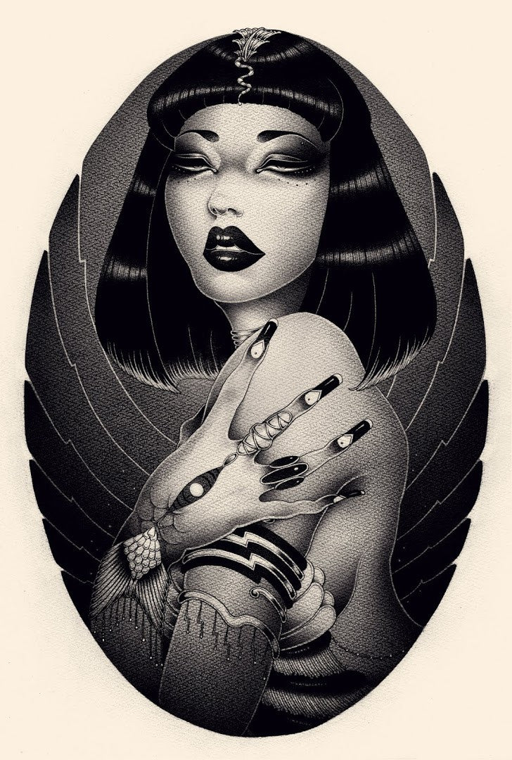 An enchanting black and white artwork by ONEQ is showcased at Spoke Art Gallery. Its an illustration of a woman with vintage makeup and short bob, holding a snake with multiple eyes against stylized wings. Flexible art payment plans are available.