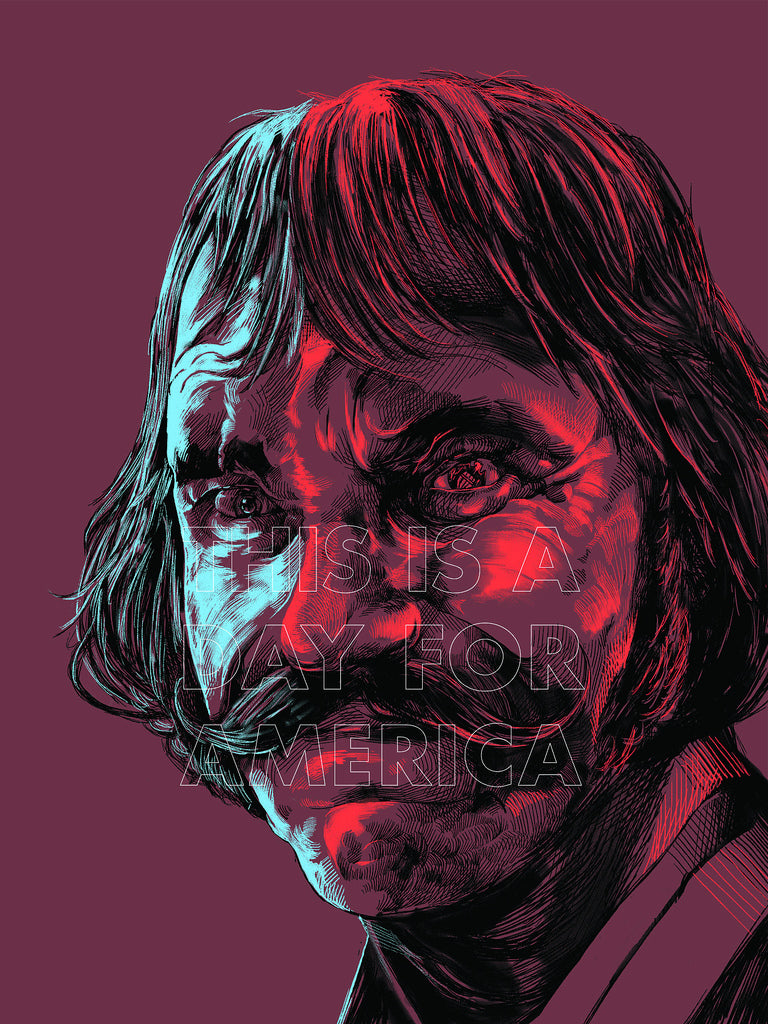 A dramatic Oliver Barrett limited edition screen print portrays a man with long hair and a mustache in red and black on dark red, with the text This is a way for America, echoing Martin Scorseses cinematic style.