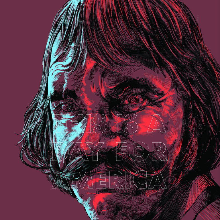 A dramatic Oliver Barrett limited edition screen print portrays a man with long hair and a mustache in red and black on dark red, with the text This is a way for America, echoing Martin Scorseses cinematic style.