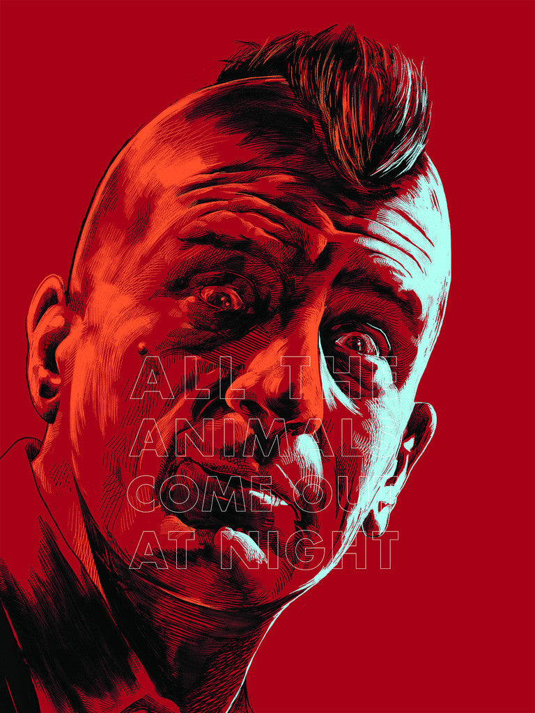 Illustrated portrait by Oliver Barrett of a man with a mohawk against a red background, inspired by Martin Scorsese art. His face is brightly lit with dramatic shadows. The limited edition screen print reads: ALL THE ANIMALS COME OUT AT NIGHT.