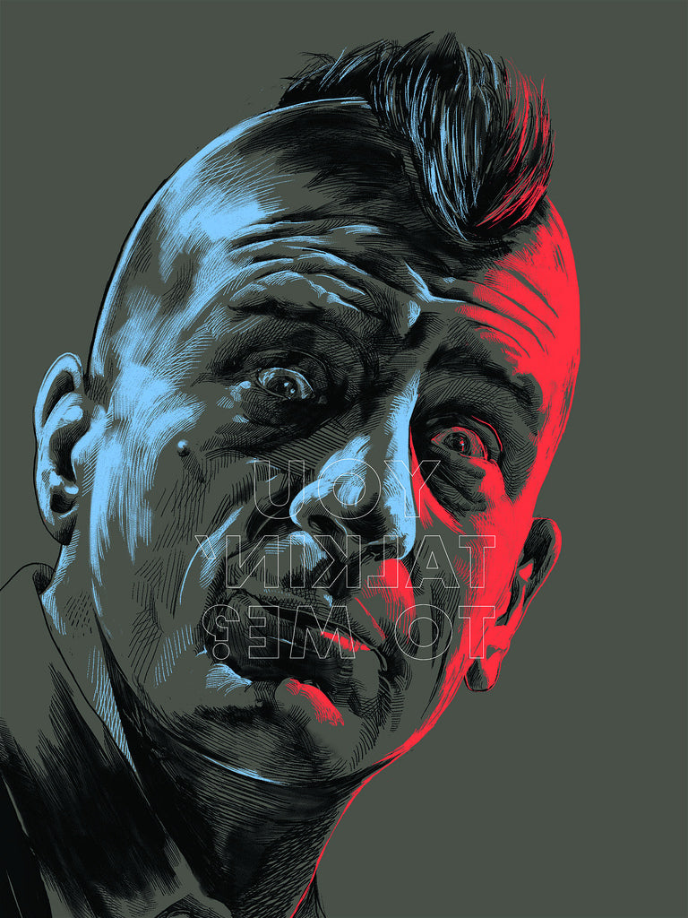 Oliver Barretts limited edition screen print for the Scorsese art show features a person with a mohawk, highlighted in contrasting red and blue lighting on a dark background. The text Are You Talkin to Me? overlays the face.