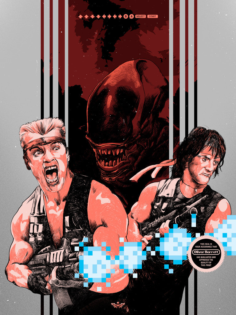 A dynamic Oliver Barrett illustration features two muscular, armed characters in combat gear wielding pixelated blue energy weapons. They stand back-to-back against a menacing alien creature with sharp teeth, set against bold red and black stripes. Available as a fine art giclee on watercolor paper.