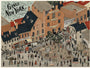Oliver Blakes limited edition Giclee print illustrates a bustling street scene from Martin Scorseses Gangs of New York, featuring people interacting, brewery and coal yard buildings, freely roaming pigs, and a docked ship, capturing the blend of activity and chaos.