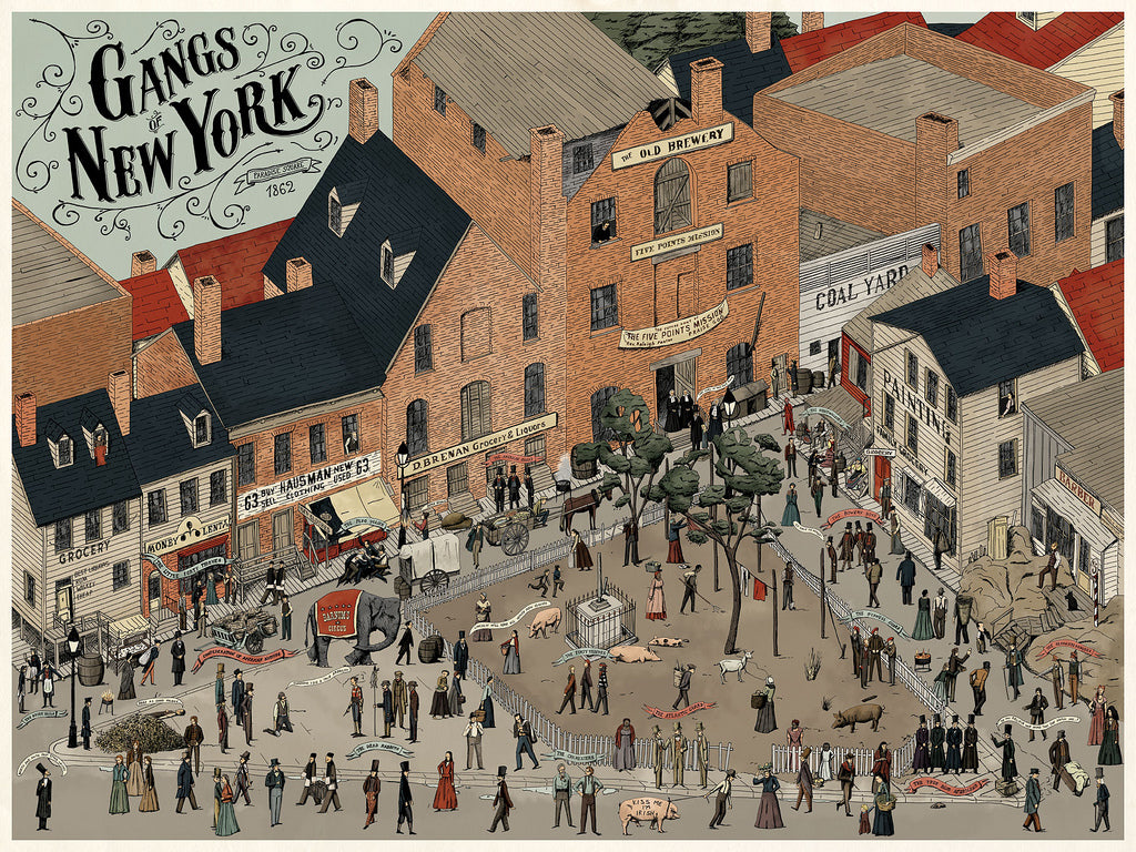 Oliver Blakes limited edition Giclee print illustrates a bustling street scene from Martin Scorseses Gangs of New York, featuring people interacting, brewery and coal yard buildings, freely roaming pigs, and a docked ship, capturing the blend of activity and chaos.