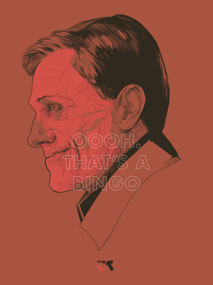 This Oliver Barrett screen print depicts a smiling mans side profile on a red background, with OOOH, THATS A BINGO in white text. Its part of an edition of 90 and features subtle line details for facial highlights in a Quentin vs Coen-inspired style.