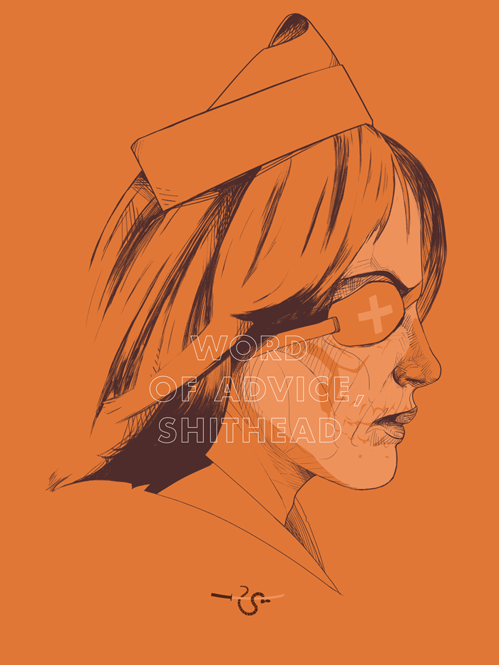 This Oliver Barrett screen print depicts a woman in profile wearing a nurses hat against an orange background. A cross-adorned bandage covers her eye, with bold white text WORD OF ADVICE, SHITHEAD, capturing the Quentin vs Coen vibe.