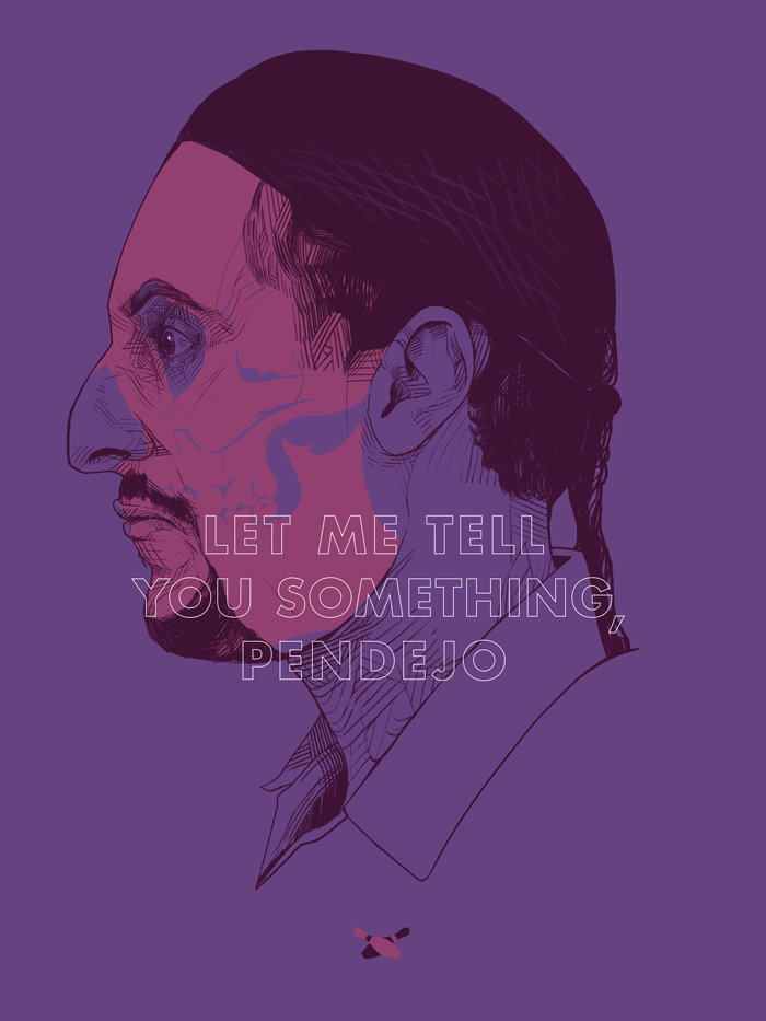 A mans side profile with multicolored abstract shading on a purple background resembles an Oliver Barrett print. Below, white text states, LET ME TELL YOU SOMETHING, PENDEJO.