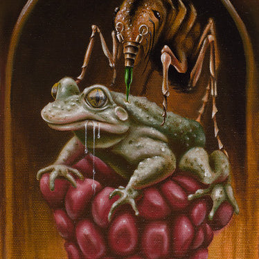 Delphyne V.s surreal oil painting features a frog on a red pedestal, with an insect using a needle-like appendage overhead. The word Optacon hovers above while snails linger below, creating an eerie and dreamlike atmosphere.