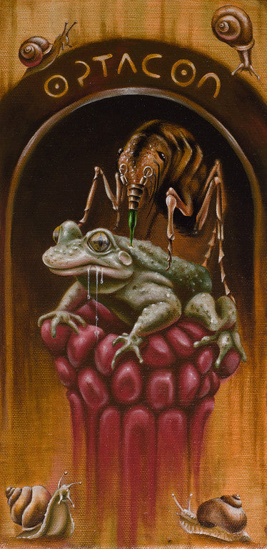Delphyne V.s surreal oil painting features a frog on a red pedestal, with an insect using a needle-like appendage overhead. The word Optacon hovers above while snails linger below, creating an eerie and dreamlike atmosphere.