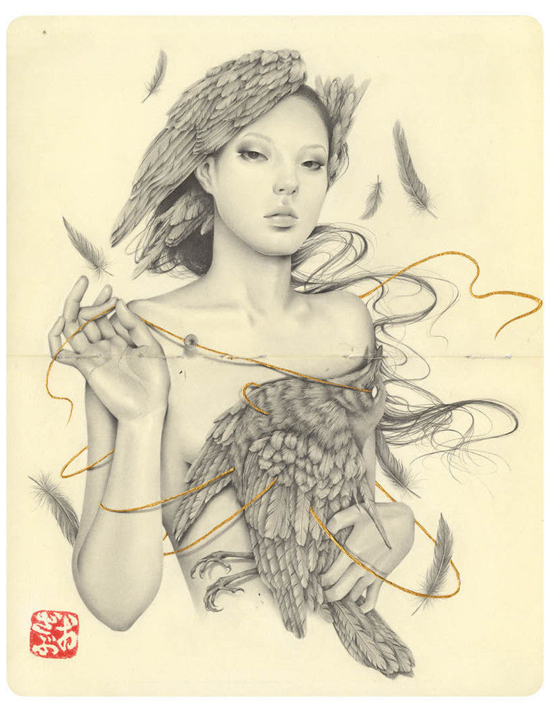 A graphite drawing by Ozabu features a woman with avian traits, her hair mingling with wings and feathers. She holds a golden thread encircling herself and a bird, enhancing the ethereal charm. The artwork is signed in red at the corner.