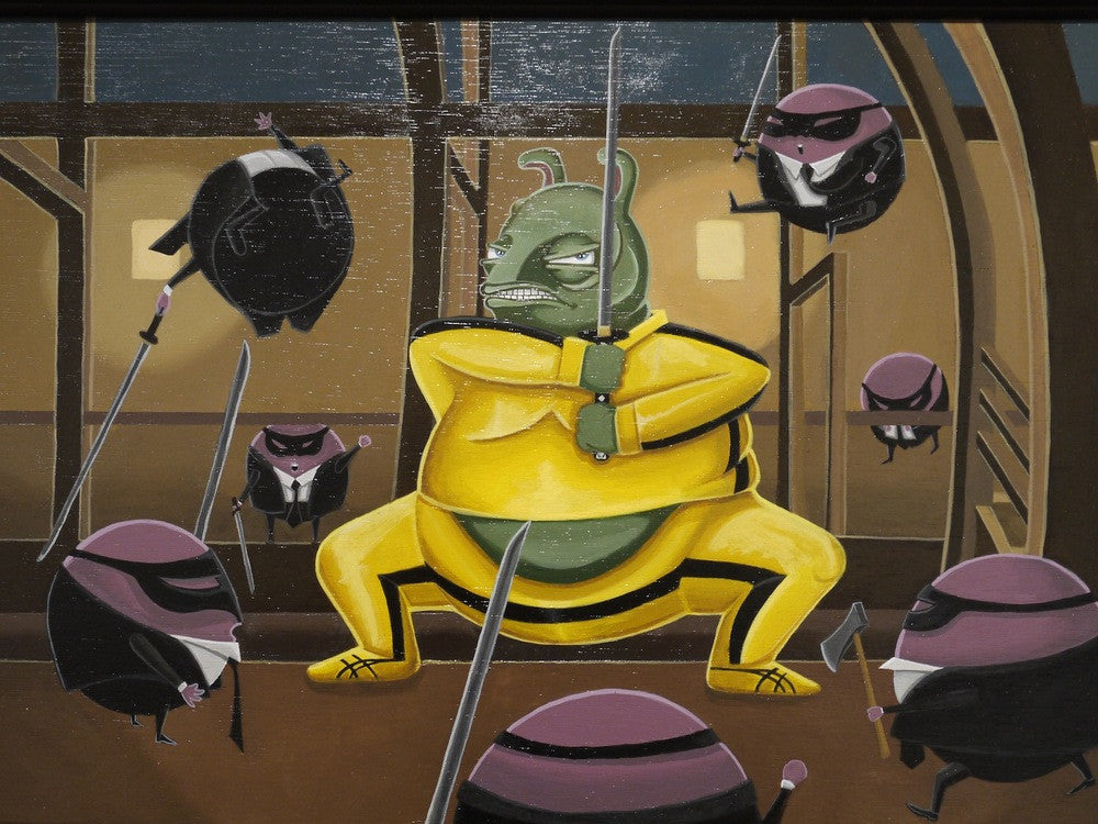A green figure in a yellow jumpsuit wields a sword, evoking the fierce Kill Bill acrylic style. Encircled by round figures in black suits with pink accents, this dynamic scene captures vivid action, ideal as framed artwork from Saul Boxx Gonzalez.