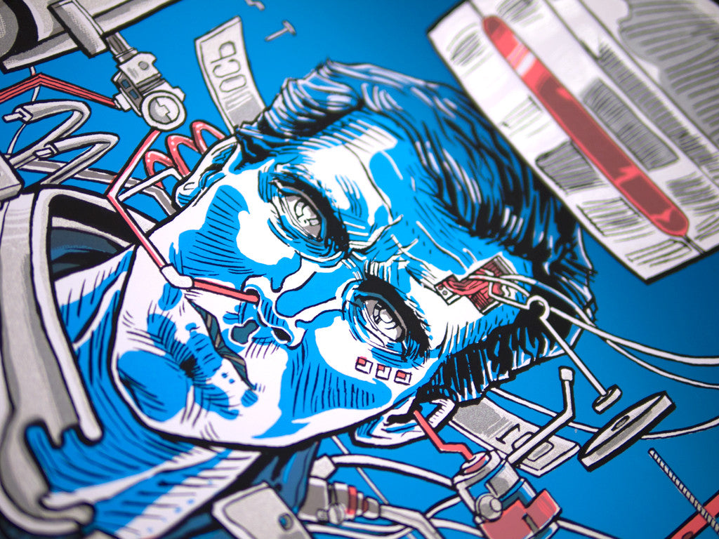 This Tim Doyle signed and numbered screen print depicts a futuristic blue-toned human face intertwined with wires, gears, and mechanical parts on a vibrant blue background, accented with red and gray highlights.