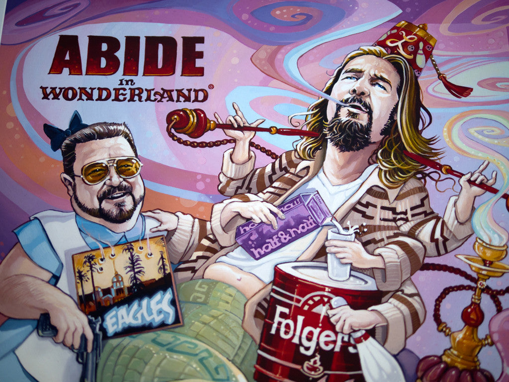 Dave MacDowells Abide in Wonderland is a limited edition fine art giclee print featuring two men in a psychedelic scene: one holding an Eagles sign and tumbler, the other with long hair and a robe, smoking a hookah. A Folgers coffee can adds to the vibrant background of this signed, numbered artwork.