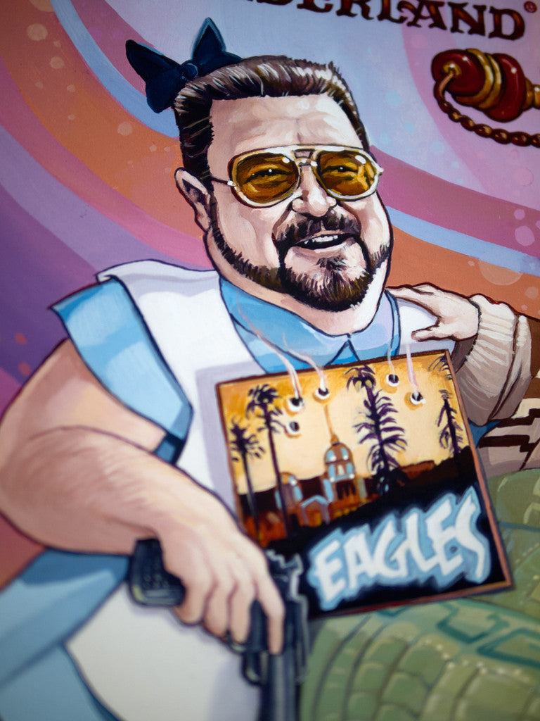 Experience the vibrant limited edition fine art giclee print by Dave MacDowell, featuring a bearded man in sunglasses and a blue dress with a bow, holding an EAGLES sign with palm trees. Each print is signed and numbered for authenticity.