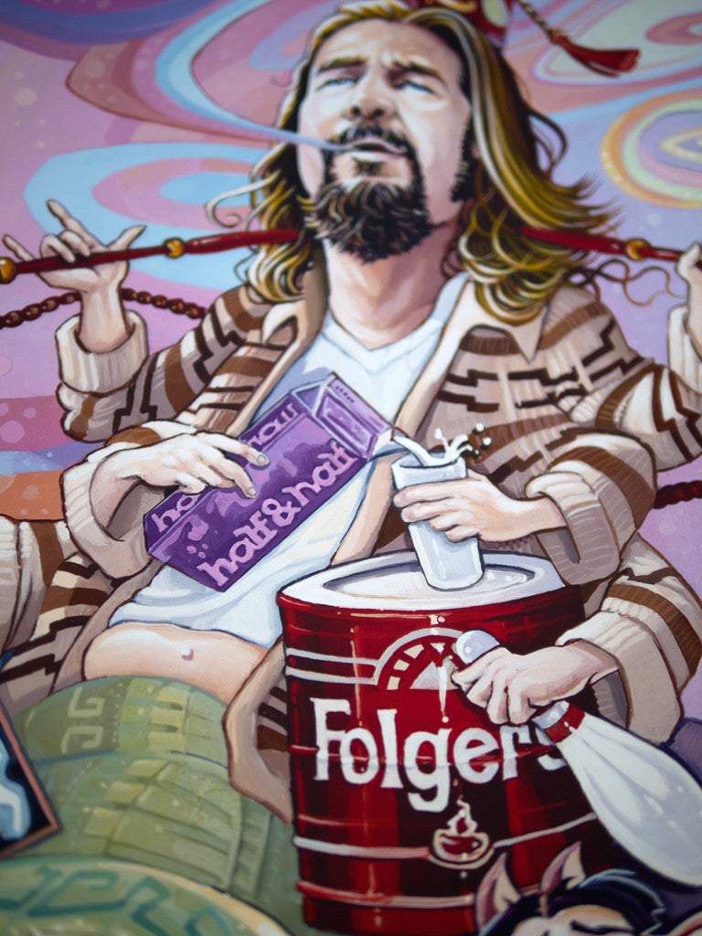 A person with long hair and a beard is wearing a patterned cardigan, holding a half & half carton and a glass. They are seated on a large red Folgers container against swirly, colorful limited edition fine art giclee prints by Dave MacDowell, each signed and numbered.