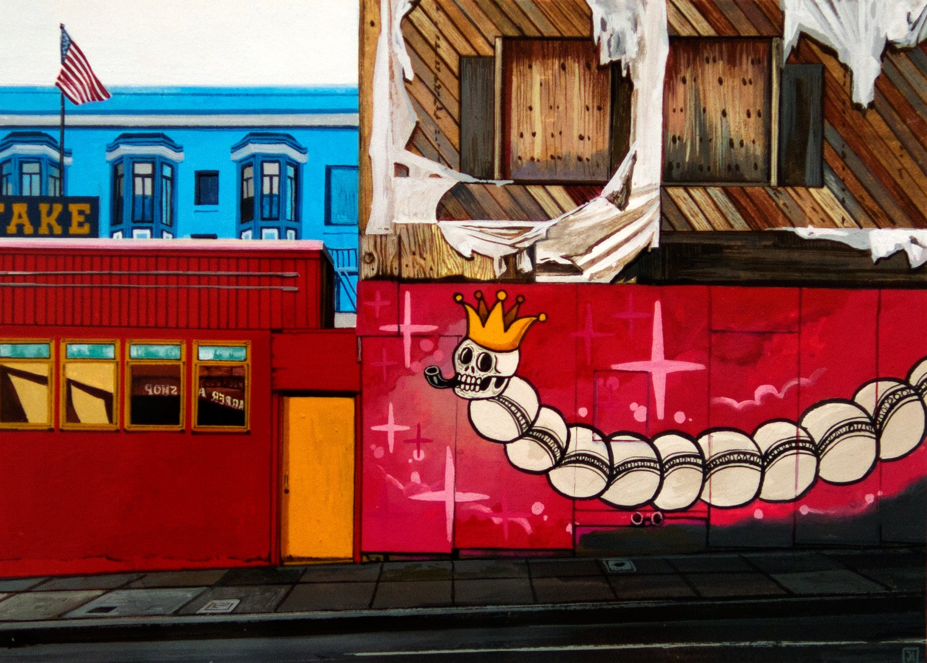A street art mural on a vibrant city wall displays a cartoon-style white worm with a crown. The red wooden backdrop and yellow door contrast with a nearby blue building flying an American flag. Weathered panels add texture, reminiscent of Jessica Hesss gouache painting style.