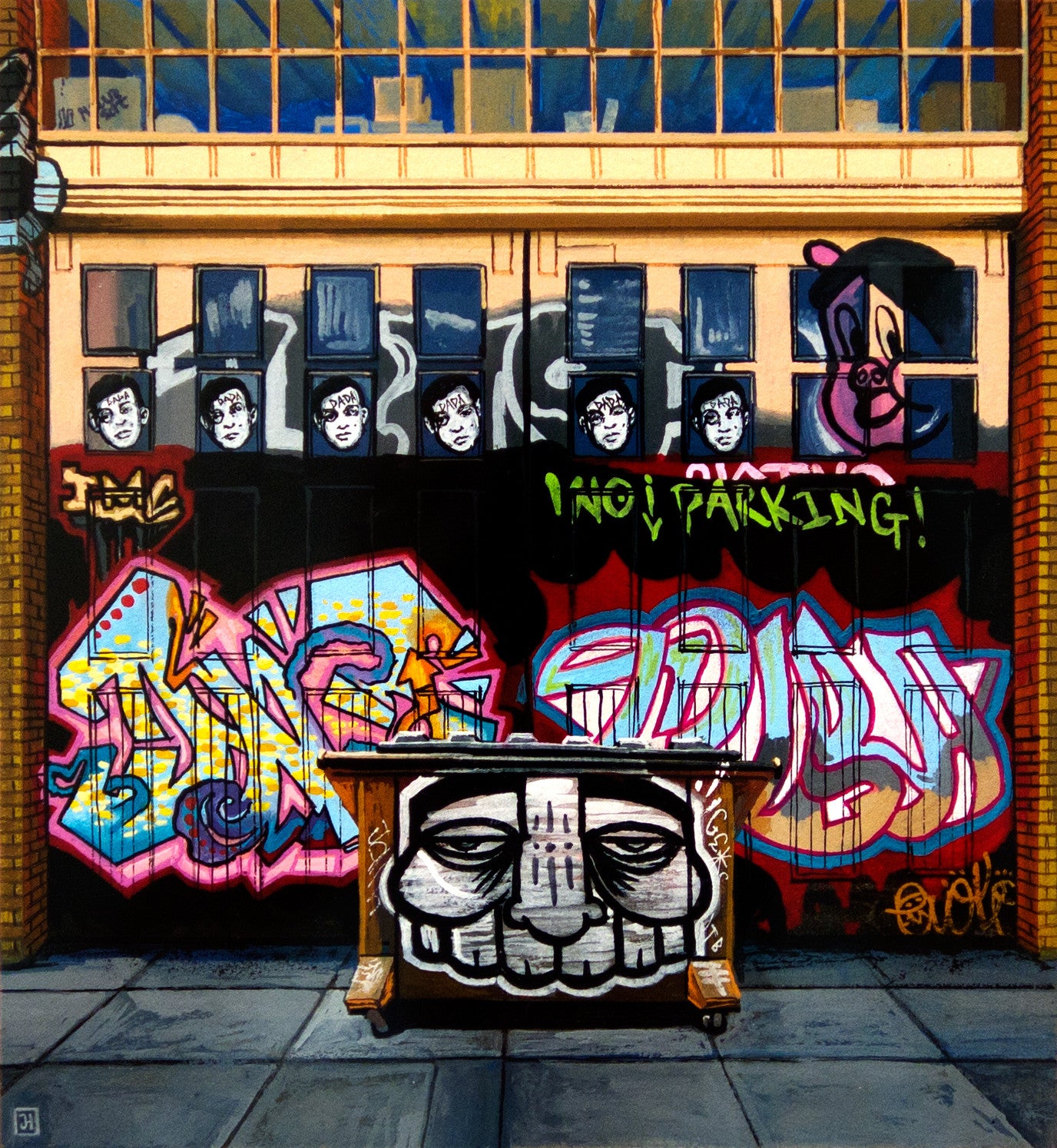 Graffiti artwork on a garage door features stylized faces and vibrant tags in a Jessica Hess style. A wooden table with a painted face is in front, set against brickwork, a large window, and a No Parking sign skillfully integrated into the graffiti scene.