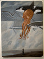 Standing on a beach, a person marvels at strings connecting to a gigantic flying octopus, whale, shark, orca, and swordfish in the sky. Roland Tamayo beautifully captures this surreal scene as whimsical acrylic art on wood.
