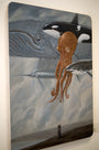 A surreal Roland Tamayo painting features a person flying a squid-shaped kite on a beach, with large sea creatures like a whale and swordfish floating in the sky among the clouds. This captivating acrylic on wood artwork is available for purchase.