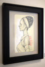 Allison Reimolds framed art, Ritual Study, showcases a woman in profile adorned with a beaded headpiece and patterned dress. Her elegantly tied-up hair stands against red-accented background lines, presented in graphite and gouache on a light-colored wall.