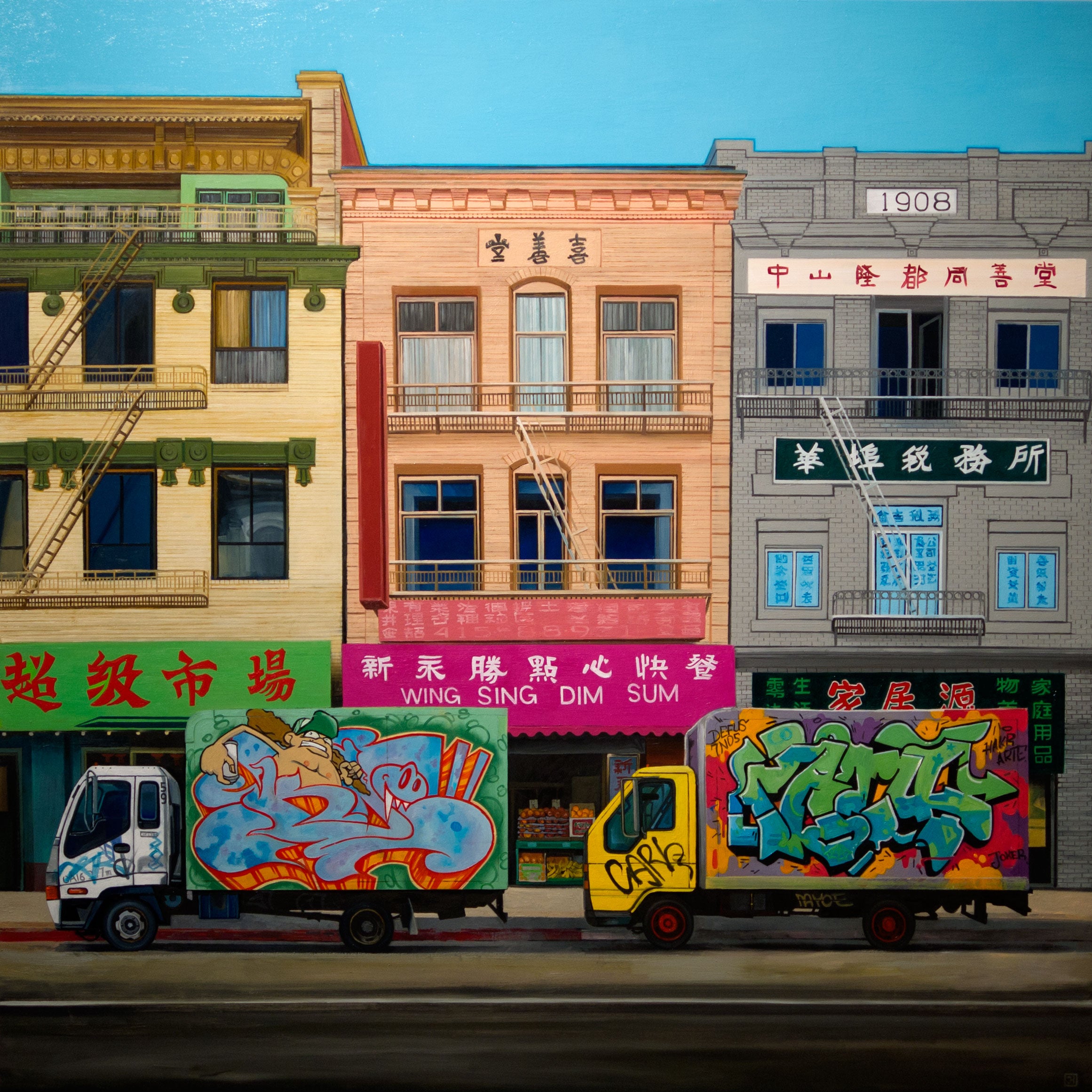 A colorful urban scene, in Jessica Hesss style, features two graffiti-covered trucks parked by vibrant Chinese-signaged buildings. This oil-on-panel piece captures detailed architecture and a clear sky, enhancing the lively Chinatown delivery atmosphere.