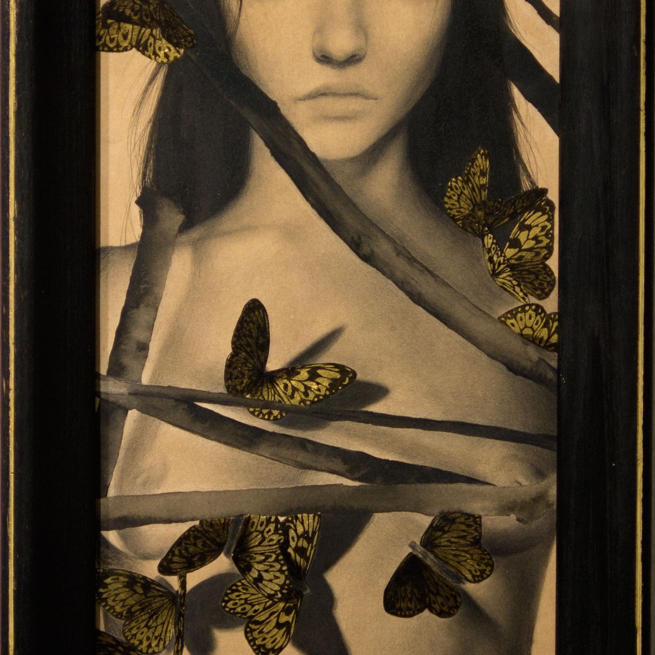 This framed artwork by Alessandra Maria displays a peaceful woman with closed eyes, encircled by delicate branches and yellow butterflies featuring intricate black patterns. The monochrome backgrounds thin lines contrast beautifully with the vibrant butterflies.