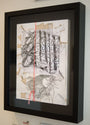 A framed Barron Storey artwork showcases abstract, overlapping face sketches in black ink with integrated Japanese text. A red string is vertically tied on the left side, and the textured background of layered white and brown papers subtly features graphite accents.
