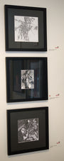 Three framed abstract black and white artworks are vertically displayed on a white wall, featuring intricate ink on paper patterns. Small tags beside each frame provide the titles and details of these Barron Storey pieces, indicating they are exquisite art for sale.