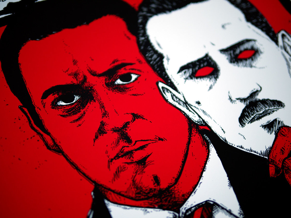 Two men in suits against a red backdrop; the front man has an intense look, both faces are red, and the rear mans eyes are blank, crafting a dramatic noir vibe akin to a Jermaine Rogers screen print.