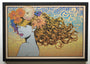 A framed Chuck Sperry limited edition artwork on oak panel features a woman with detailed flowing hair and vibrant flowers, set against swirling blue, orange, and yellow patterns inspired by Sperrys Naiad series.