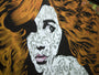 A stylized portrait of a woman with flowing orange hair, crafted in the style of a Chuck Sperry screen print. Her pale face has expressive eyes and pink lips, blending with elaborate Olympia-like patterns, adding elegance to the artwork.