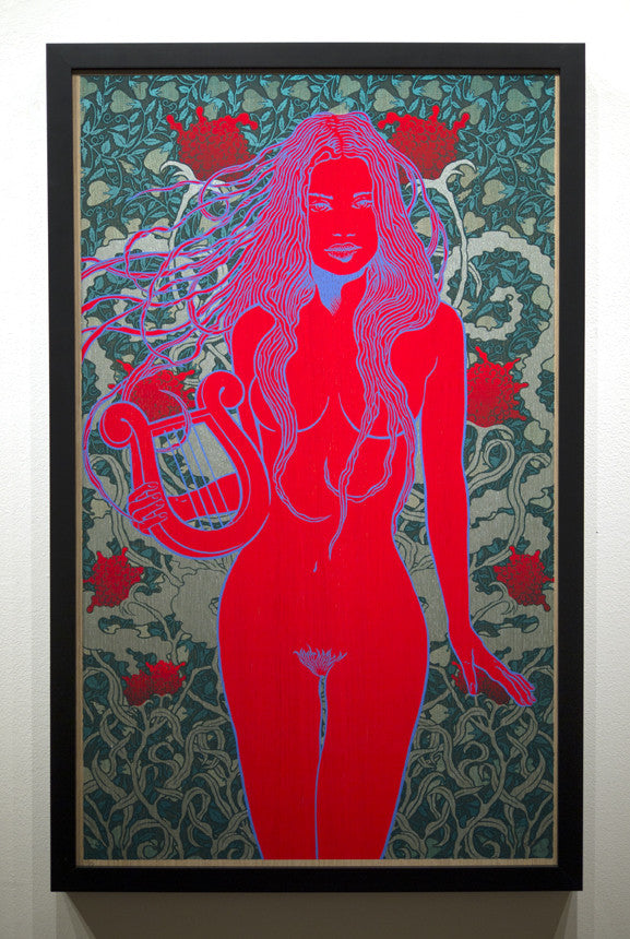 Chuck Sperrys vibrant artwork on oak panel features a red-toned Eurydice with long hair and a lyre, set against a backdrop of stylized plant motifs and bold red flowers. The intricate patterns are elegantly framed with a black border.