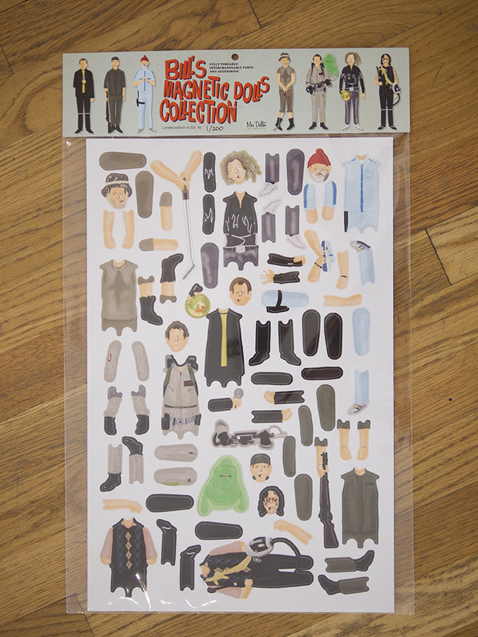 A custom magnet set from Max Dalton featuring magnetic dolls with various outfits and accessories. The dolls have interchangeable parts to craft unique characters. The top label reads Bills Magnetic Dolls Collection, nodding to Bill Murrays charm, elegantly displayed on a wooden surface.