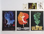 Three fine art lithograph posters by Fernando Reza decorate the wall with a fantasy theme: Valyrian Steel shows a knight and sword, Milk of the Poppy features a dancing figure, and Wildfire displays a green spectral form. All are custom framed with additional small artwork above.