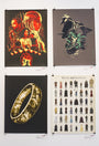 Four expertly framed Oliver Barrett prints are displayed: Top left shows red and orange-hued characters, top right features a stylized armored character, bottom left displays a glowing ring with faces inside, and bottom right has rows of character illustrations with Valar Morghulis text.