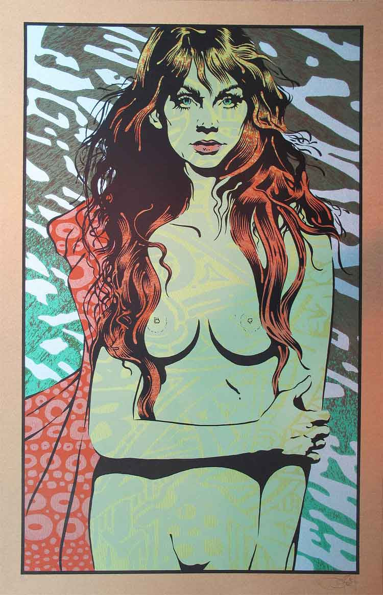 Chuck Sperrys illustration features a contemplative woman with long red hair, partially draped in a red and orange patterned garment. Abstract green and gray shapes grace the background, dancing like prints on luxurious bronze metallic paper.