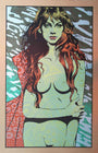Chuck Sperrys illustration features a contemplative woman with long red hair, partially draped in a red and orange patterned garment. Abstract green and gray shapes grace the background, dancing like prints on luxurious bronze metallic paper.