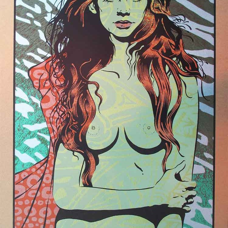 Chuck Sperrys illustration features a contemplative woman with long red hair, partially draped in a red and orange patterned garment. Abstract green and gray shapes grace the background, dancing like prints on luxurious bronze metallic paper.