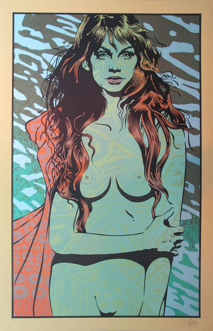 A woman with long hair, partly draped in patterned cloth, is illustrated in a vibrant and abstract style on gold metallic paper by Chuck Sperry. This artwork features intricate lines and textures reminiscent of the Psyche series, set against a textured background.