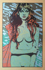 A woman with long hair, partly draped in patterned cloth, is illustrated in a vibrant and abstract style on gold metallic paper by Chuck Sperry. This artwork features intricate lines and textures reminiscent of the Psyche series, set against a textured background.
