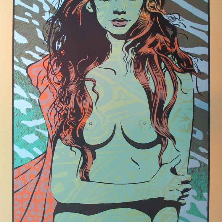 A woman with long hair, partly draped in patterned cloth, is illustrated in a vibrant and abstract style on gold metallic paper by Chuck Sperry. This artwork features intricate lines and textures reminiscent of the Psyche series, set against a textured background.
